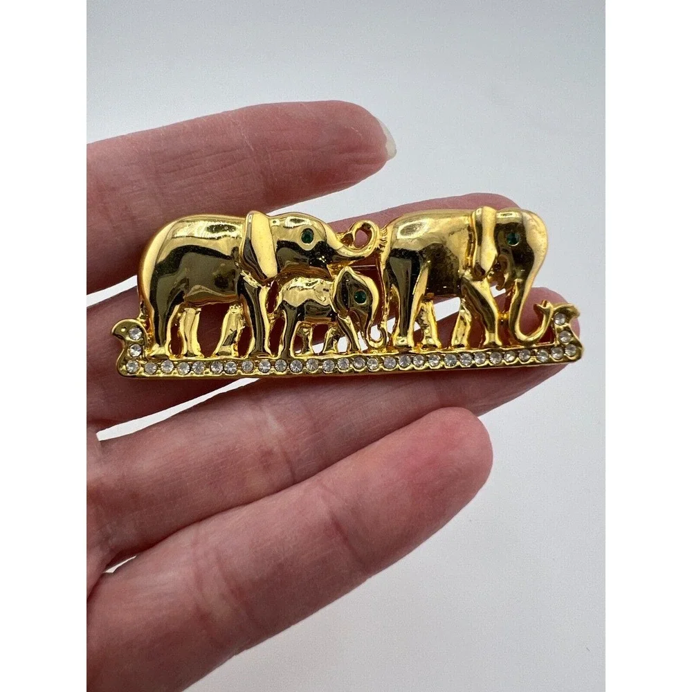 Vintage Gold Tone Three Elephants Walking Brooch Pin Estate 90s Bold Big Classic
